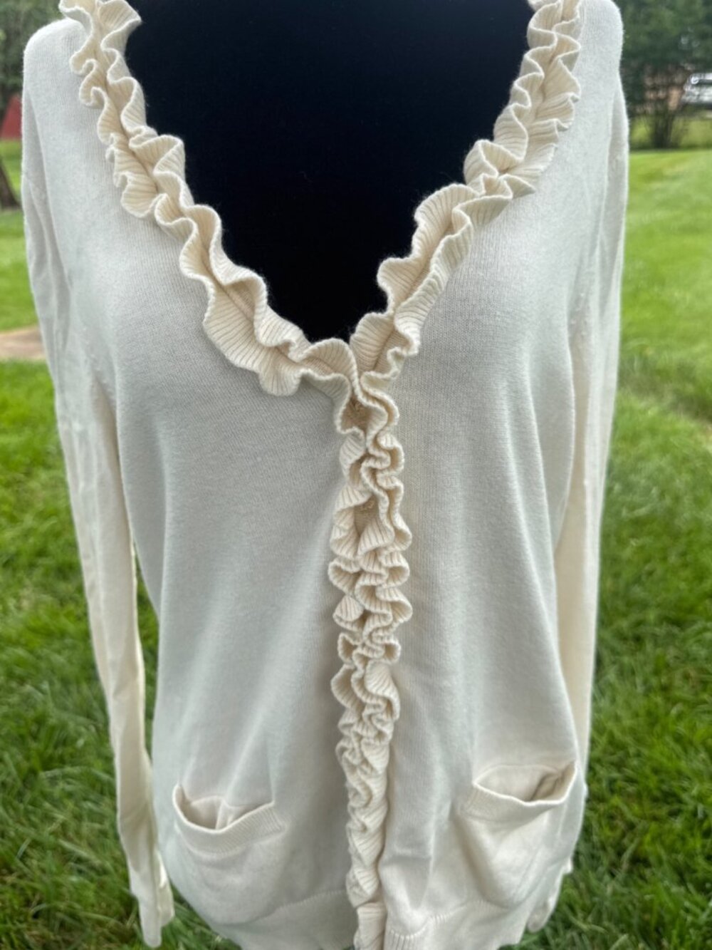 Tommy Hilfiger XL Cotton Cashmere Ruffle Cardigan Cream Button Front Sweater